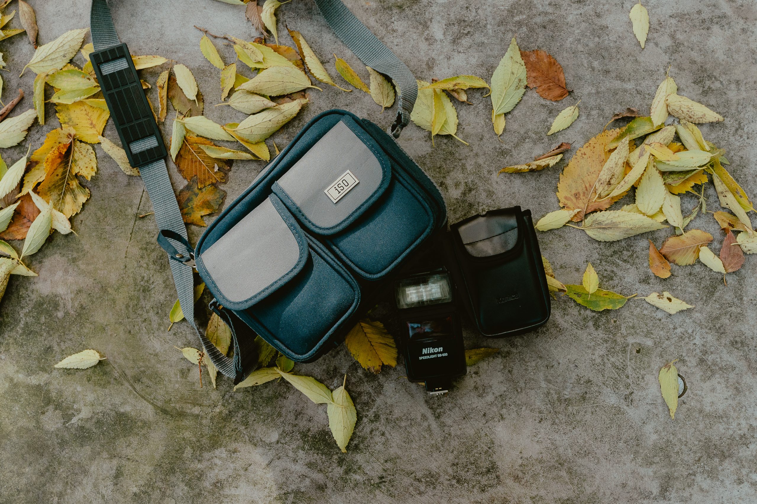 Sacoches et accessoires photo sur lit de feuilles d’automne