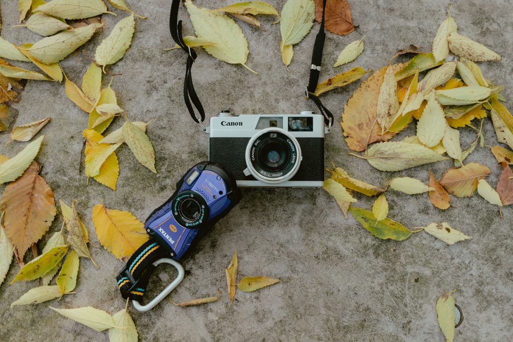 Un télémétrique Canon Canonet et un compact Pentax posés sur du béton, parmi des feuilles d’automne